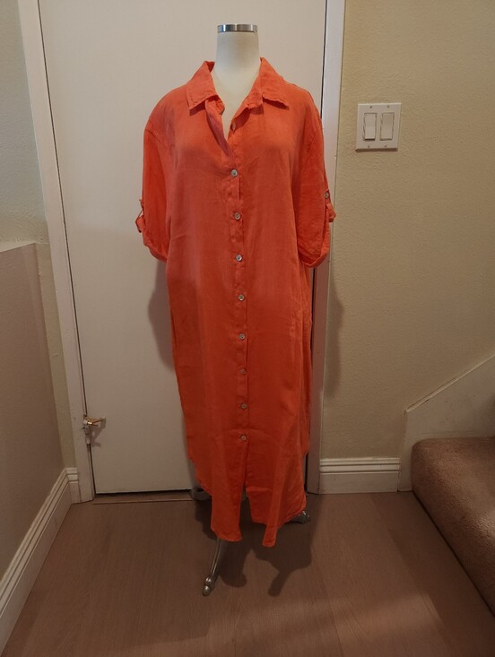 M Made In Italy Dresses & Skirts - Button-Front Salmon Linen Shirt Dress